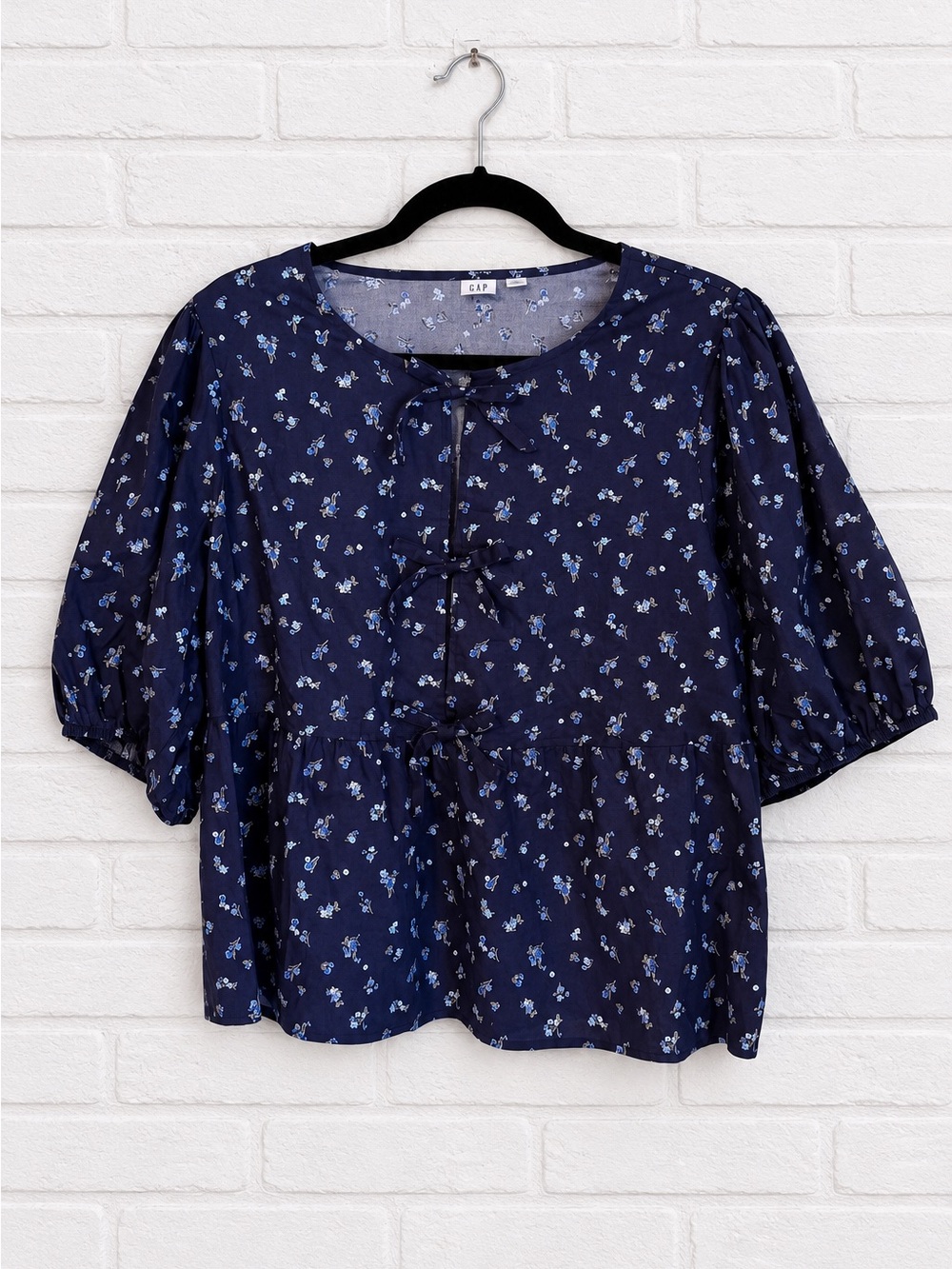 GAP Large Navy Cotton Babydoll Peplum Blouse Puff Sleeve Oversized